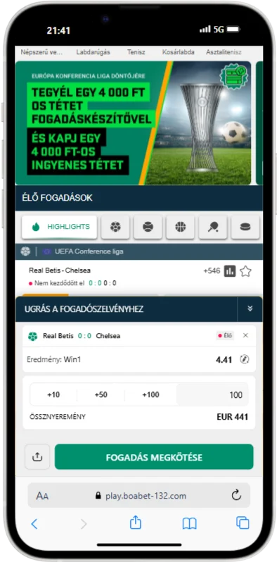 Példa a fogadásra a Boa Bet App